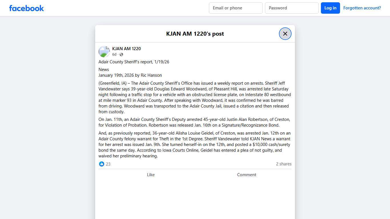 KJAN AM 1220 - Adair County Sheriff’s report, 1/19/26... Facebook