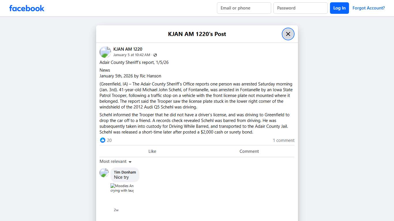 KJAN AM 1220 - Adair County Sheriff’s report, 1/5/26 News... Facebook